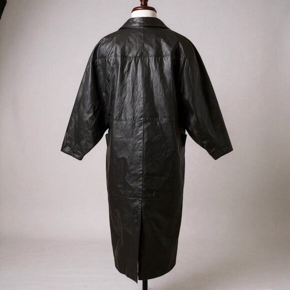 Vintage Hide Out Genuine Leather Trench Coat Black Longline 80s Oversized Small - Picture 2 of 9